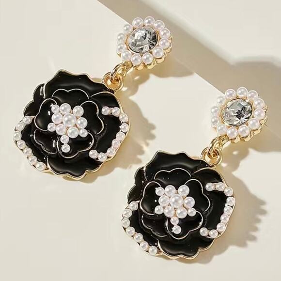 Enamel Flower and Pearl Earrings - Picture 1 of 3